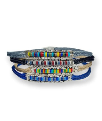 Handmade Bracelet with Forged Silver Rectangle Element and Multicolored Wax Threads
