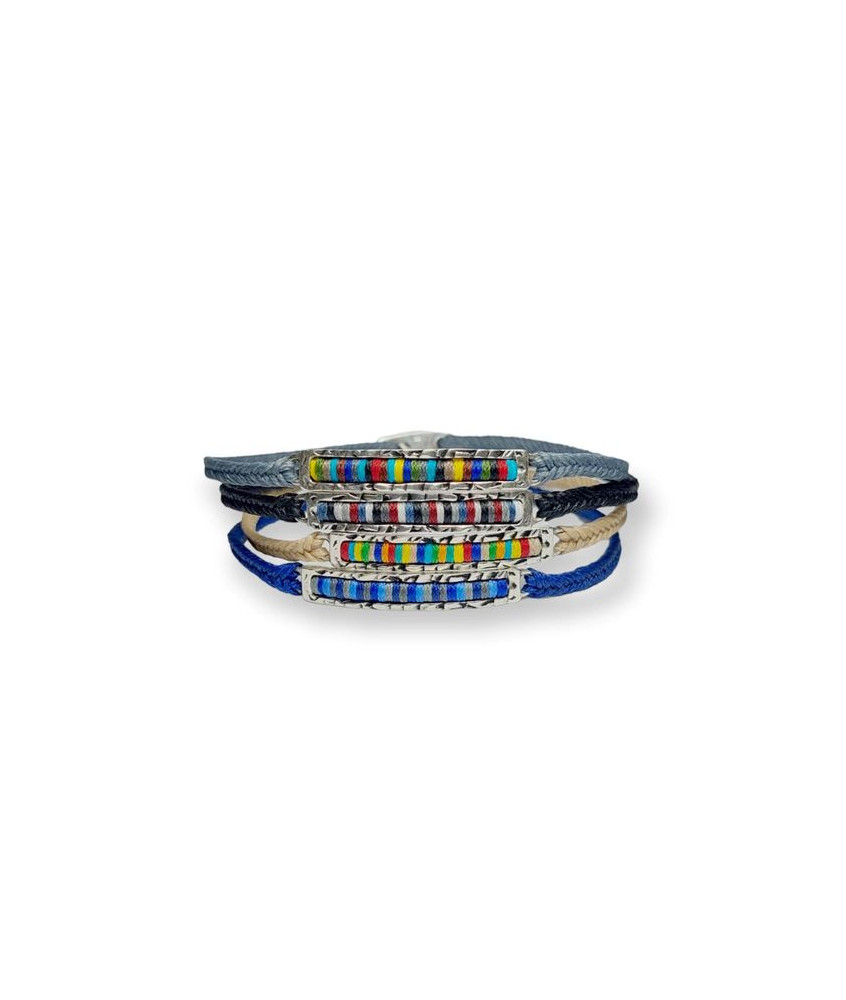 Handmade Bracelet with Forged Silver Rectangle Element and Multicolored Wax Threads