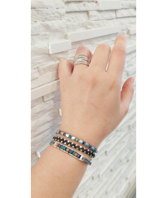 Handmade Bracelet with Forged Silver Rectangle Element and Multicolored Wax Threads