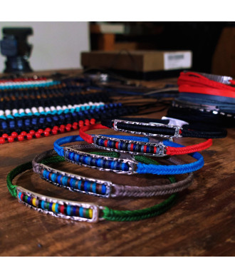 Handmade Bracelet with Forged Silver Rectangle Element and Multicolored Wax Threads