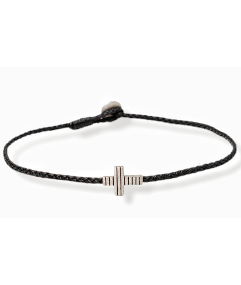 Handmade Wax Thread Bracelet with Silver Striped Cross