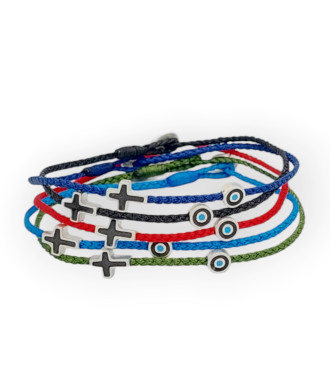 Χειροποίητο Βραχιόλι με Ασημένιο Πατιναρισμένο Σταυρο και Στρογγυλό Μάτι