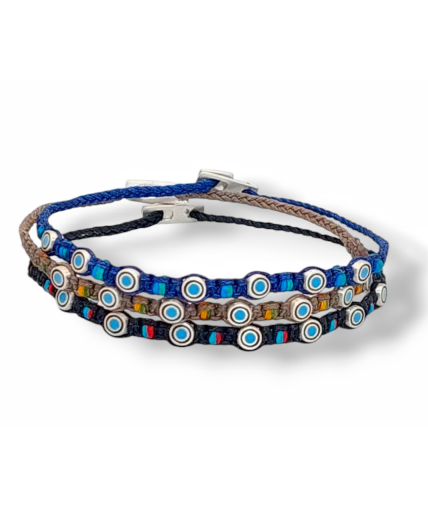 Handmade Silver Macrame Bracelet with Circular Eyes and Colorful Details