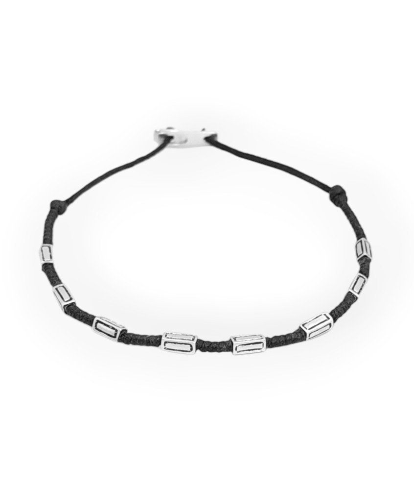 Handmade Bracelet with Silver Rectangular Elements and Twisted Wax Thread Braid
